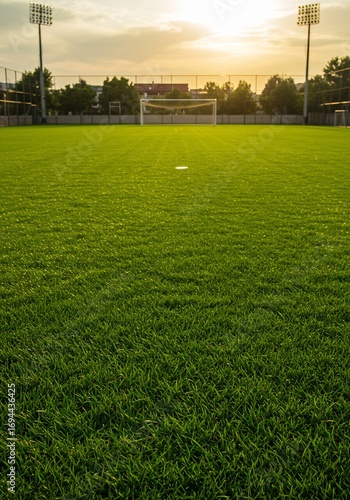 夕焼け空の下、緑の芝生が広がるサッカー場