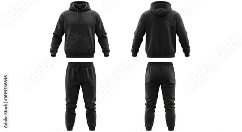 3D Mockup Collection of Unisex Tracksuits with Long-Sleeve, Short-Sleeve, and Sleeveless Hoodies, Combined with Joggers and Sweatpants, Modern Minimalist Sportswear on Plain White Background, Ultra Re