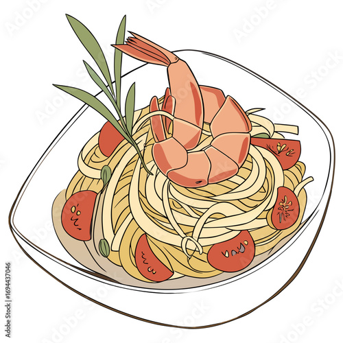 Delicious Shrimp Pasta Dish with Cherry Tomatoes and Herbs, a Vibrant and Appetizing Culinary Illustration