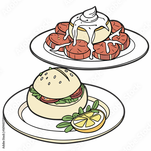Delicious Food Plate Burger, Sausage and Sweet Cream Roll