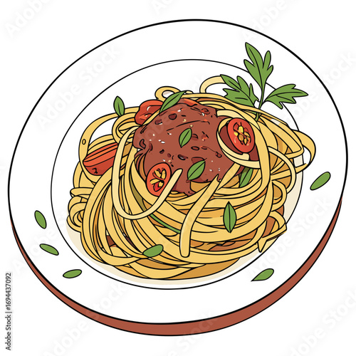 Delicious Spaghetti with Tomato Sauce and Basil Illustration