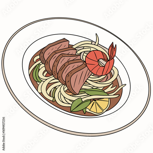 Delicious Steak Meal with Shrimp and Fresh Vegetables on a White Plate - Culinary Delight