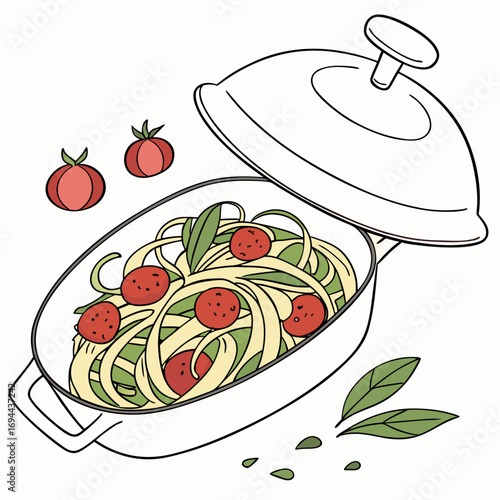 Delicious pasta dish with fresh tomatoes and basil served in a white casserole dish, a perfect illustration for culinary content