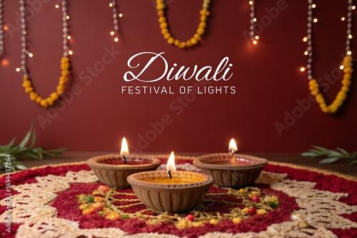 Decorative Oil Lamps for Diwali Celebration with Floral Rangoli and Garland Lights

