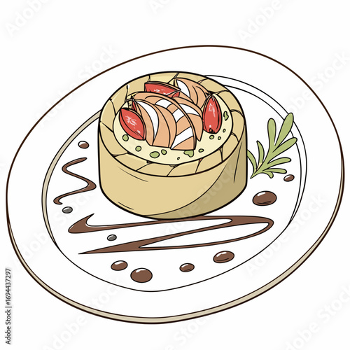 Delectable individual fruit tart dessert on a plate, beautifully decorated with chocolate sauce and fresh herbs in a charming hand-drawn art style