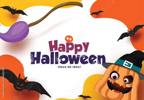 Colorful Halloween greeting card with pumpkin witch, bats, broomstick, and spooky text. Perfect vector illustration for trick or treat cards, party invites, and festive Halloween greetings.