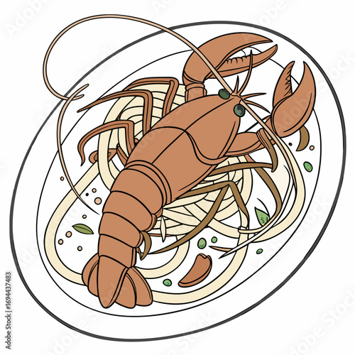 Artistic concept of a delicious gourmet lobster and pasta meal, served on a classic white plate with fresh herbs, ideal for culinary themes and restaurant menus