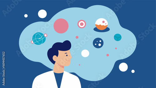 Bubble of Innovation A thought bubble showing a scientist conceptualizing a product with imagery of nanotech and exosomes swirling within it.