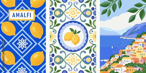 Vibrant amalfi coast triptych featuring lemons traditional tiles and coastal village scenery