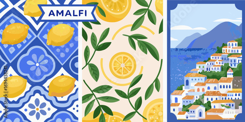 Amalfi coast mosaic tiles lemons and coastal village illustration