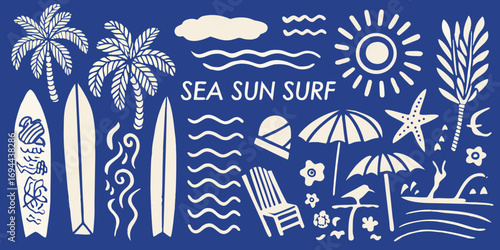 Collection of beach and surf icons including palm trees surfboards sun waves and beach chairs