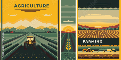 Stylized triptych depicting agricultural scenes with tractors and fields under a warm sky