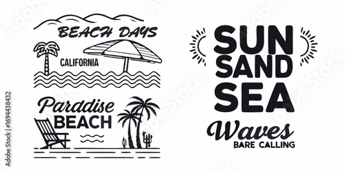 Vintage beach vibes with palm trees sun sand sea and california paradise beach text graphics