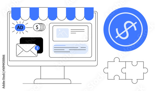 Computer monitor displaying online storefront, ad notification, email alert, currency, puzzle pieces, and dollar icon. Ideal for marketing, e-commerce, strategy analytics sales branding