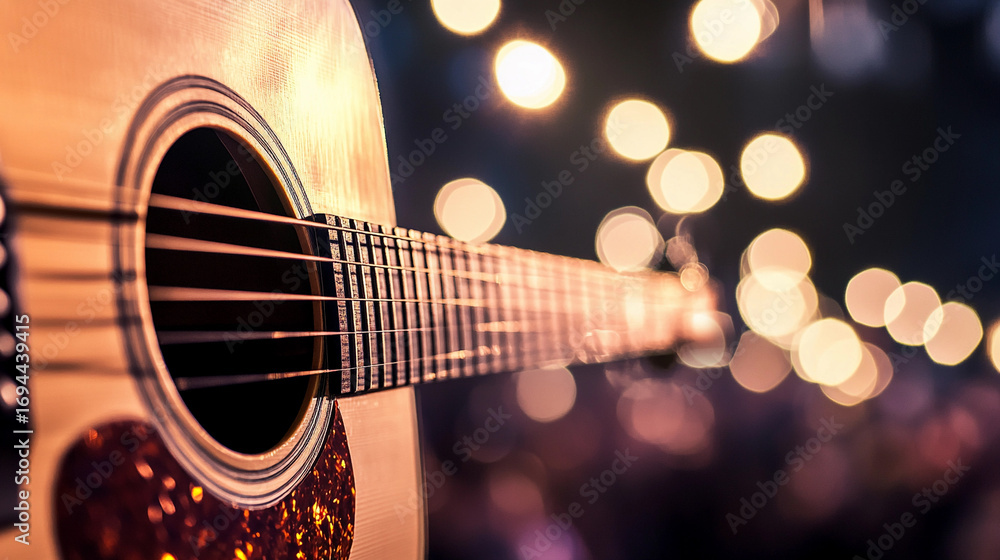 Obraz premium Vibrant close-up of a guitar under soft warm lights Generative AI