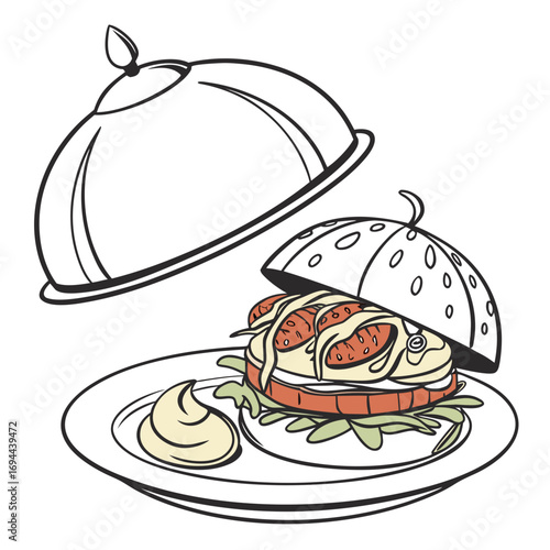 Artistic line illustration of a gourmet dish, beautifully presented under a cloche, with the lid being lifted to reveal a delicious meal, symbolizing fine dining and culinary elegance