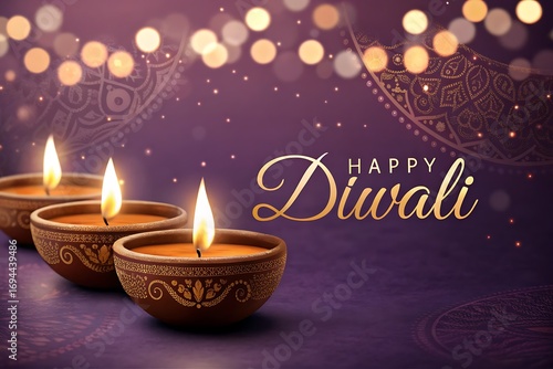Elegant Diwali Diyas with Warm Glow on Purple Background

