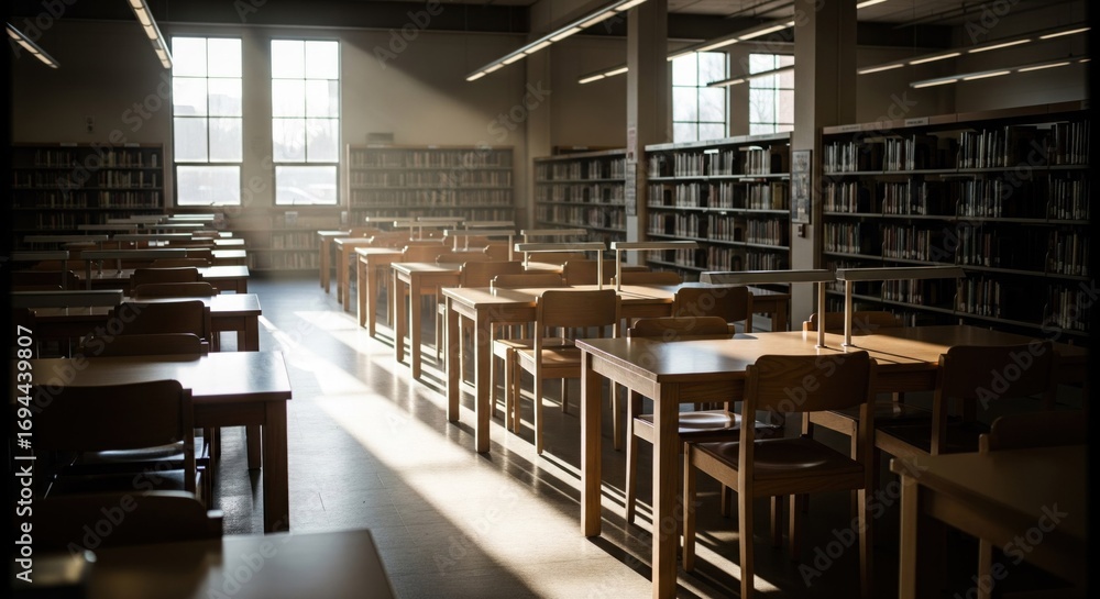 Obraz premium Empty library study hall, sunlight streams through windows