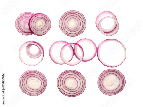Overhead shot of sliced red onion rings isolated on transparent background