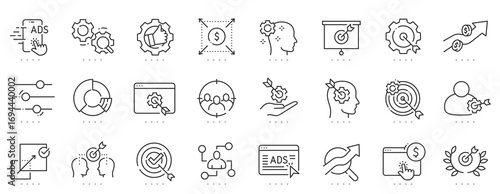 Targeting line icons for advertising and marketing: audience segmentation, optimization, personalization, retargeting, analytics, PPC, conversion, campaign strategy, editable stroke designers