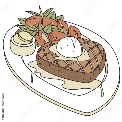 Charming cartoon illustration of a grilled heart-shaped steak, served with fresh tomatoes, lettuce, and creamy sauces, depicting a delightful and romantic meal