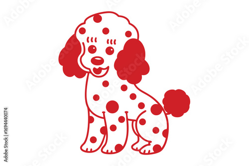 Red spotted poodle illustration sits patiently with a friendly, welcoming smile and fluffy hair