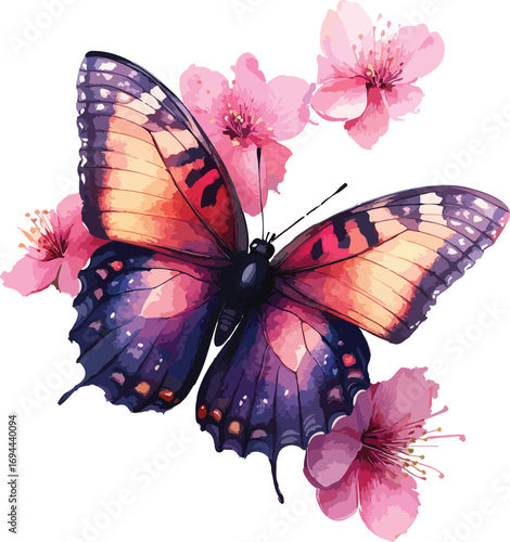 Monarch butterfly with orange wings flies on a bright pink flower, isolated on a white background
