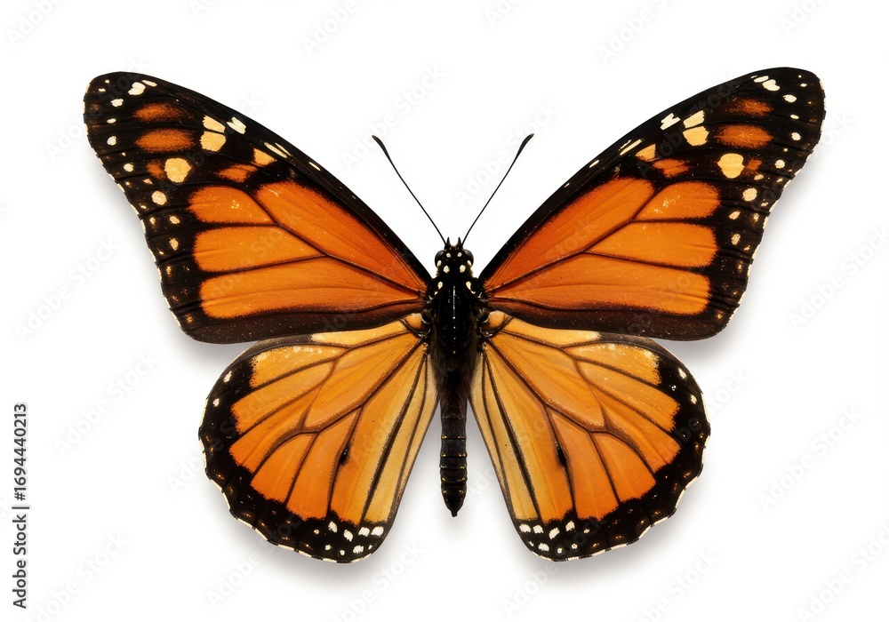 Fototapeta premium A vibrant monarch butterfly, wings outstretched, displays its striking orange and black patterns against a plain white backdrop.