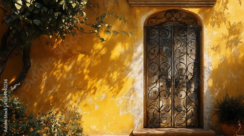 Wrought iron gate on yellow wall, plants, dappled light, backdrop