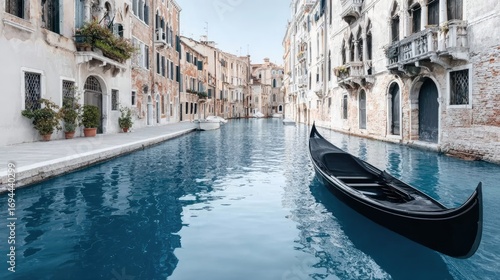 A traditional wooden boat floating gently along a narrow canal in Venice, golden hour lighting, reflections in the water, historic architecture 