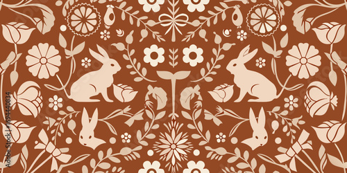Charming folk art pattern featuring rabbits flowers and leaves in earthy tones