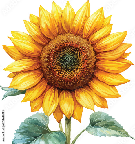 A single bright yellow sunflower blossom, isolated against a clean white background, radiates the essence of summer