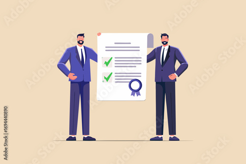Two businessmen in suits proudly display a signed document with checkmarks and a seal of approval