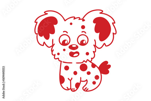 Red spotted puppy character is happily sitting and smiling on a white backdrop
