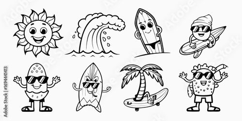 Collection of cheerful cartoon characters enjoying summer activities like surfing and skateboarding
