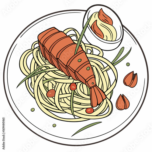 Deliciously Illustrated Shrimp Scampi Pasta with a Side of Creamy Dip and Garnishes