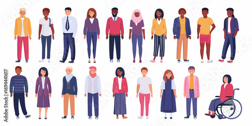 Diverse group of people standing together representing various ethnicities ages and abilities