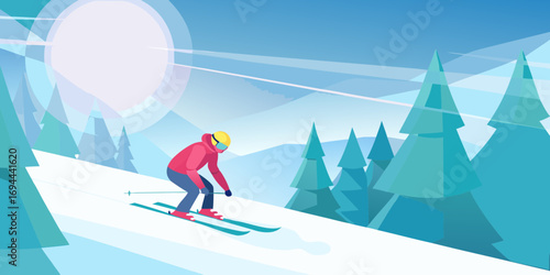 Stylized illustration of a skier descending a snowy mountain slope amidst pine trees under a bright sun