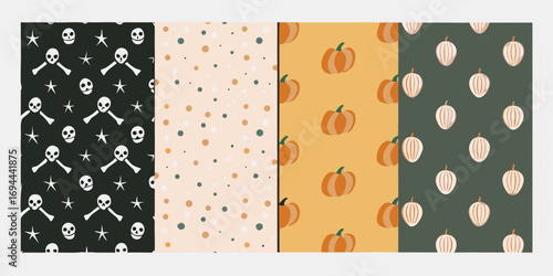 Four halloween themed seamless patterns featuring skulls crossbones stars polka dots and pumpkins
