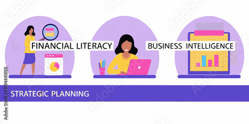 Strategic planning for financial literacy and business intelligence with data analysis and growth charts
