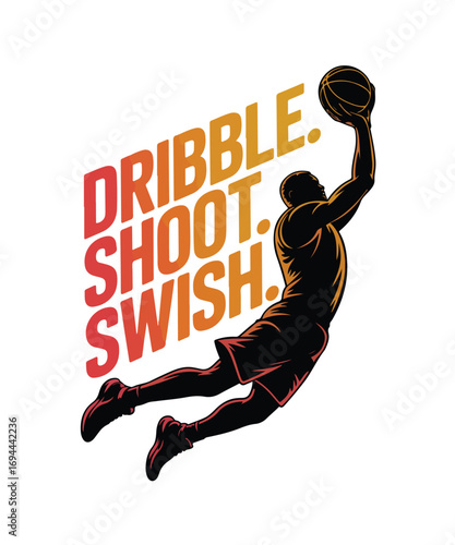 Basketball T-shirt design, basketball player silhouette, slam dunk, dribbling, sports typography, retro vintage basketball artwork, streetwear graphic design, trendy athletic apparel vector art