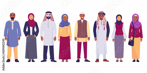 Diverse group of muslim men and women standing together in traditional clothing