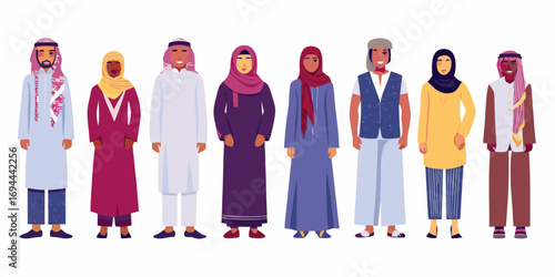 Diverse group of men and women wearing traditional middle eastern clothing standing together