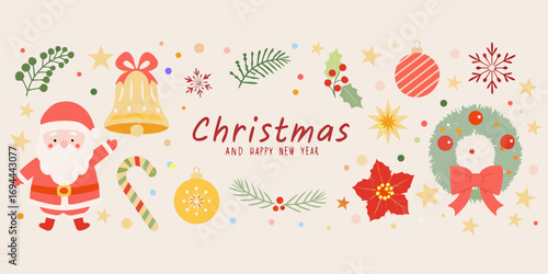 Cute christmas and happy new year greeting card with santa claus and festive decorations