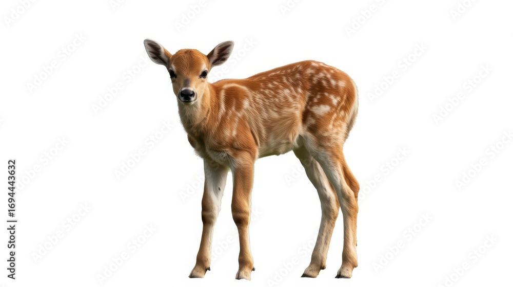 Fototapeta premium Adorable spotted fawn stands gracefully against a clean white background