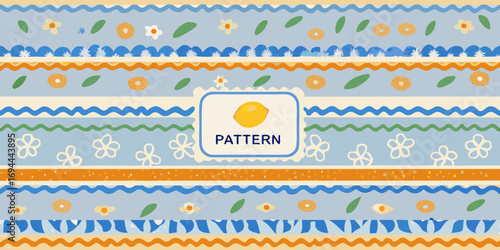 Whimsical hand drawn seamless pattern with flowers leaves and wavy stripes in pastel colors