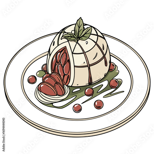 Artistic illustration of a gourmet white dome dessert with a strawberry and mint garnish on a decorative plate