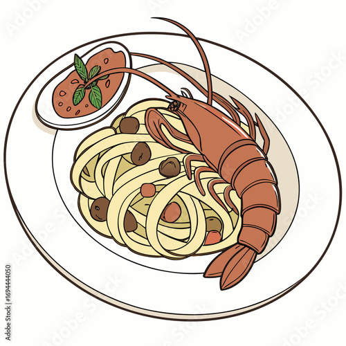 Delicious Shrimp Pasta Dish with Marinara Sauce Illustration