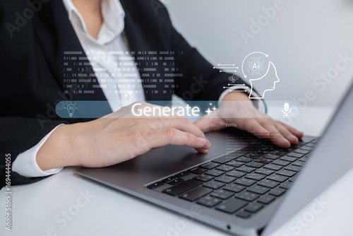 AI generation concept as businesswoman types on laptop with virtual interface, symbolizing artificial intelligence, data processing, and smart content creation in digital transformation.