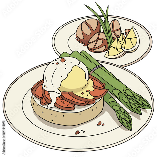 Illustrated gourmet brunch classic Eggs Benedict with hollandaise, fresh asparagus, and savory sausages with lemon. A perfect delightful meal
